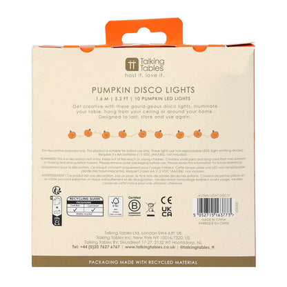 Back of the pumpkin disco lights box showing the 1.6 m length and 10 LED details