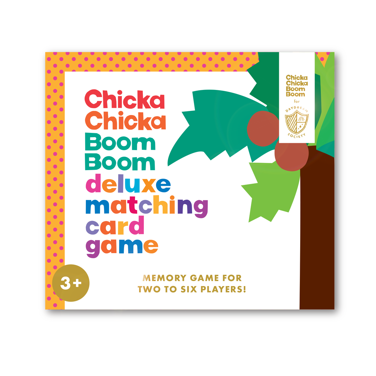 Chicka Chicka Boom Boom deluxe matching card game box with a coconut tree and a ages 3 plus badge