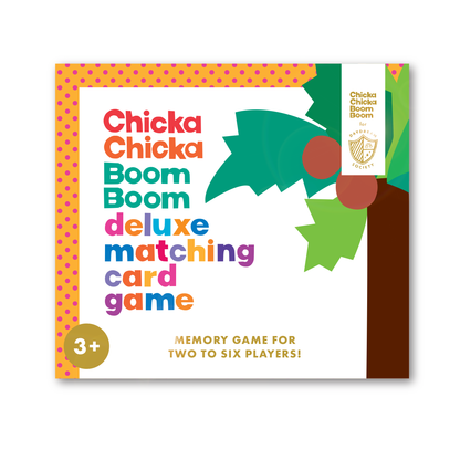 Chicka Chicka Boom Boom deluxe matching card game box with a coconut tree and a ages 3 plus badge
