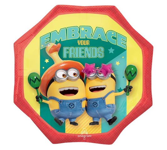 22" Minions Despicable Me 4 themed foil balloon, fully inflated with helium, ribbon, and a weight for fast pickup in Sandy Springs near Atlanta.