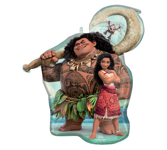 26" Moana & Maui themed foil balloon, fully inflated with helium, ribbon, and a weight for fast pickup in Sandy Springs near Atlanta.