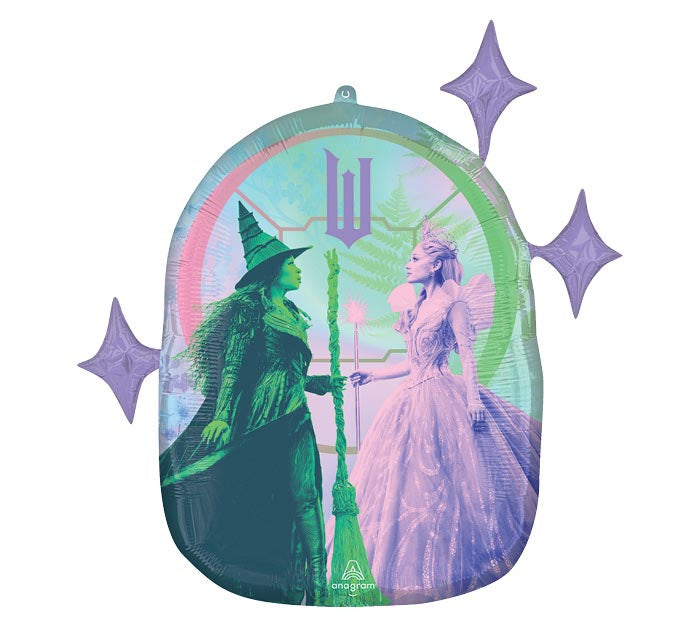 26" Wicked themed foil balloon, fully inflated with helium, ribbon, and a weight for fast pickup in Sandy Springs near Atlanta.