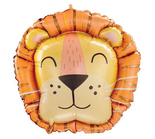 28" Get Wild Lion Head themed foil balloon, fully inflated with helium, ribbon, and a weight for fast pickup in Sandy Springs near Atlanta.