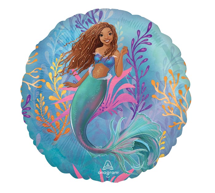 28" Little Mermaid Live Action themed foil balloon, fully inflated with helium, ribbon, and a weight for fast pickup in Sandy Springs near Atlanta.