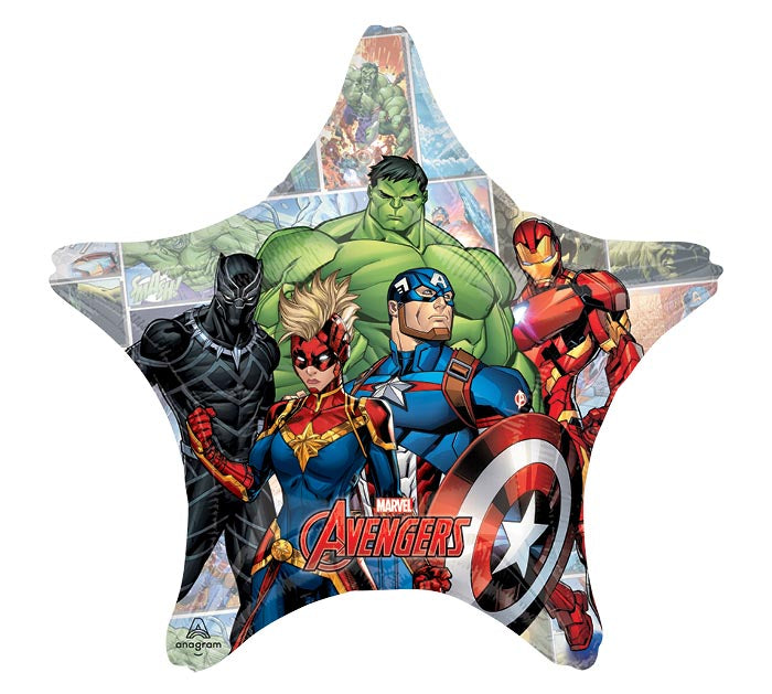 28" Marvel Avengers themed foil balloon, fully inflated with helium, ribbon, and a weight for fast pickup in Sandy Springs near Atlanta.