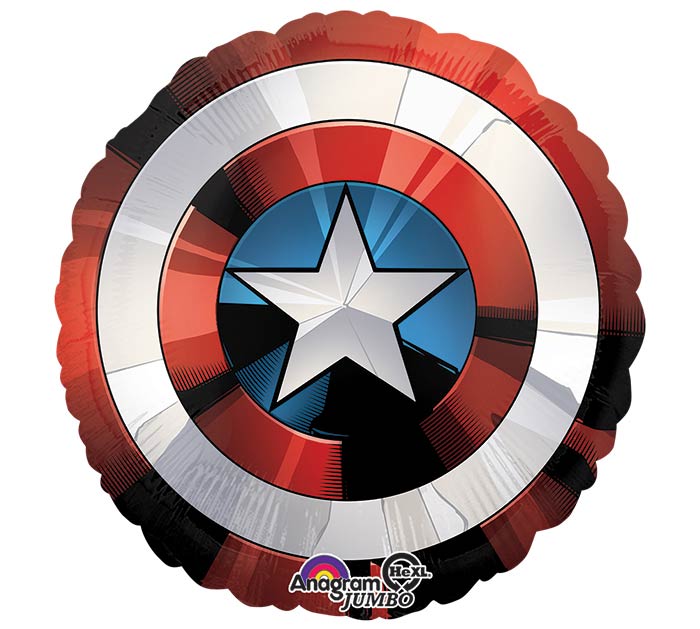 28" Marvel Avengers Captain America themed foil balloon, fully inflated with helium, ribbon, and a weight for fast pickup in Sandy Springs near Atlanta.