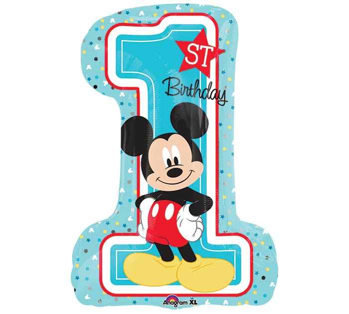 28" Mickey Mouse 1st themed foil balloon, fully inflated with helium, ribbon, and a weight for fast pickup in Sandy Springs near Atlanta.