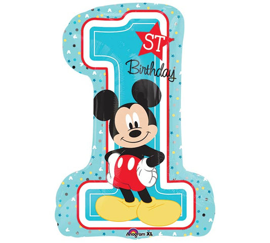 28" Mickey Mouse 1st themed foil balloon, fully inflated with helium, ribbon, and a weight for fast pickup in Sandy Springs near Atlanta.