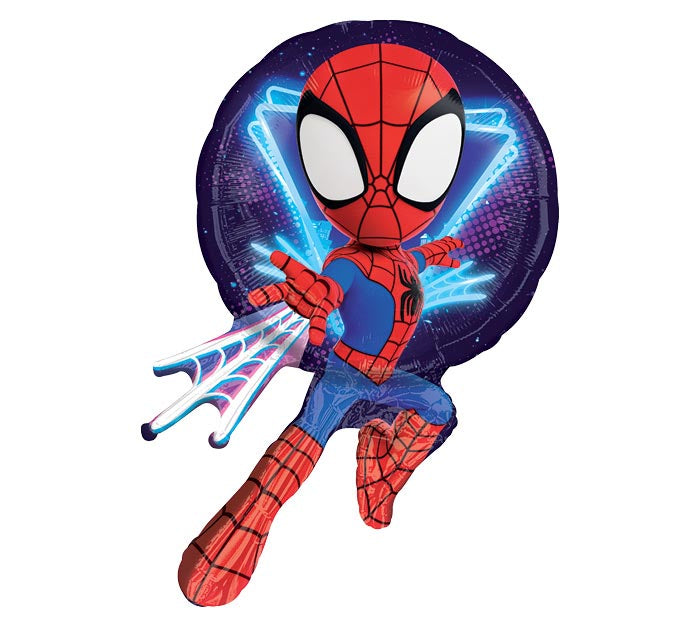 28" Spidey & His Amazing Friends themed foil balloon, fully inflated with helium, ribbon, and a weight for fast pickup in Sandy Springs near Atlanta.