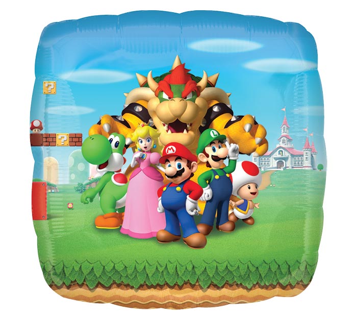 28" Super Mario Bros themed foil balloon, fully inflated with helium, ribbon, and a weight for fast pickup in Sandy Springs near Atlanta.