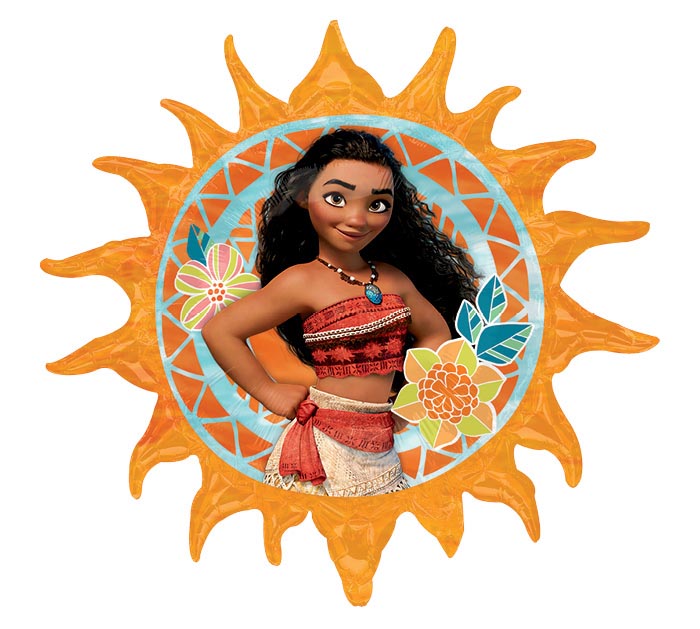 29" Moana 2 Sun themed foil balloon, fully inflated with helium, ribbon, and a weight for fast pickup in Sandy Springs near Atlanta.