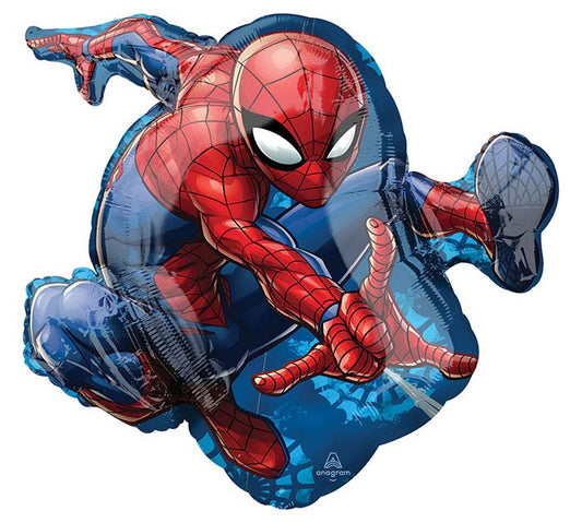 29" Spiderman themed foil balloon, fully inflated with helium, ribbon, and a weight for fast pickup in Sandy Springs near Atlanta.