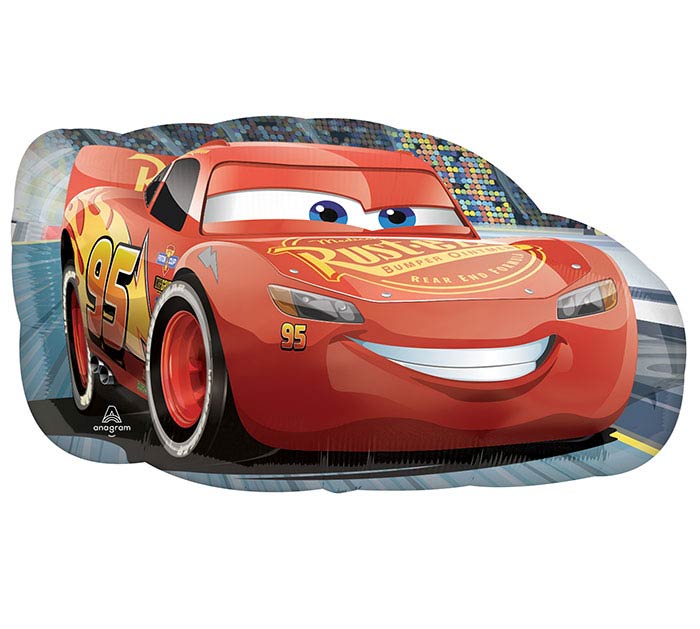 30" Cars Lightning McQueen themed foil balloon, fully inflated with helium, ribbon, and a weight for fast pickup in Sandy Springs near Atlanta.