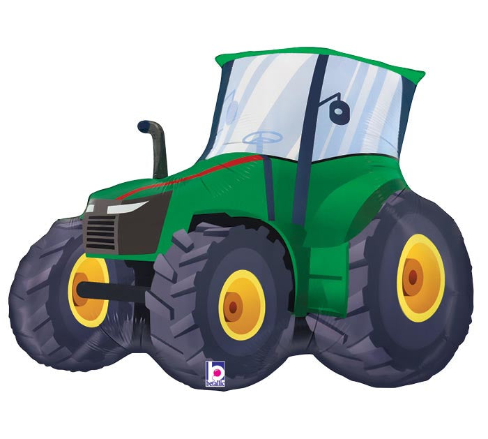 30" Farm Tractor themed foil balloon, fully inflated with helium, ribbon, and a weight for fast pickup in Sandy Springs near Atlanta.