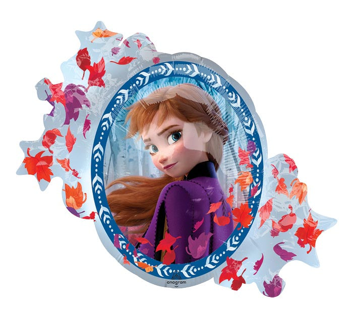 30" Frozen 2 Anna & Elsa Double-Sided themed foil balloon, fully inflated with helium, ribbon, and a weight for fast pickup in Sandy Springs near Atlanta.