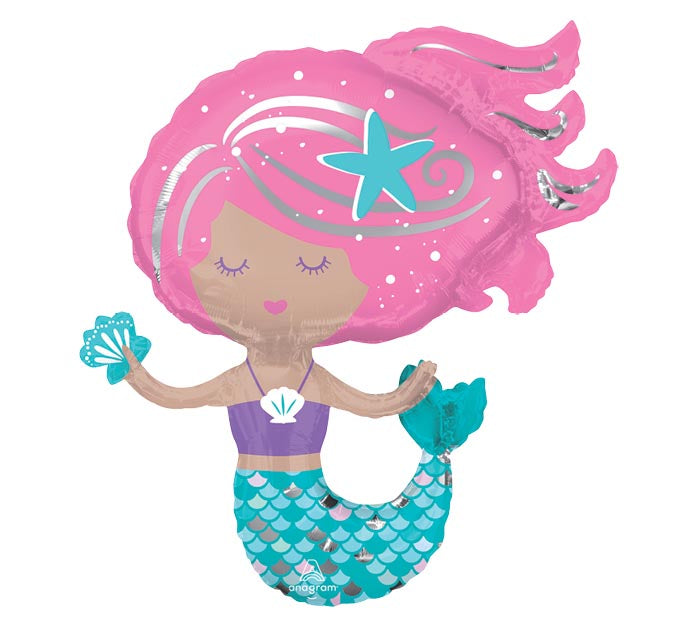 30" Mermaid themed foil balloon, fully inflated with helium, ribbon, and a weight for fast pickup in Sandy Springs near Atlanta.