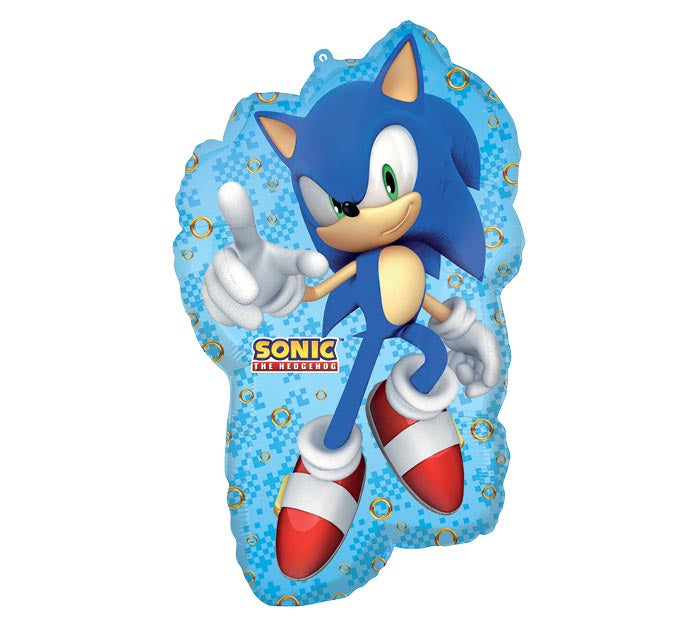 30" Sonic the Hedgehog themed foil balloon, fully inflated with helium, ribbon, and a weight for fast pickup in Sandy Springs near Atlanta.