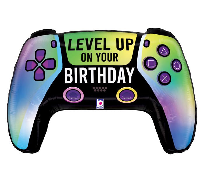 30" Vivid Game Controller themed foil balloon, fully inflated with helium, ribbon, and a weight for fast pickup in Sandy Springs near Atlanta.