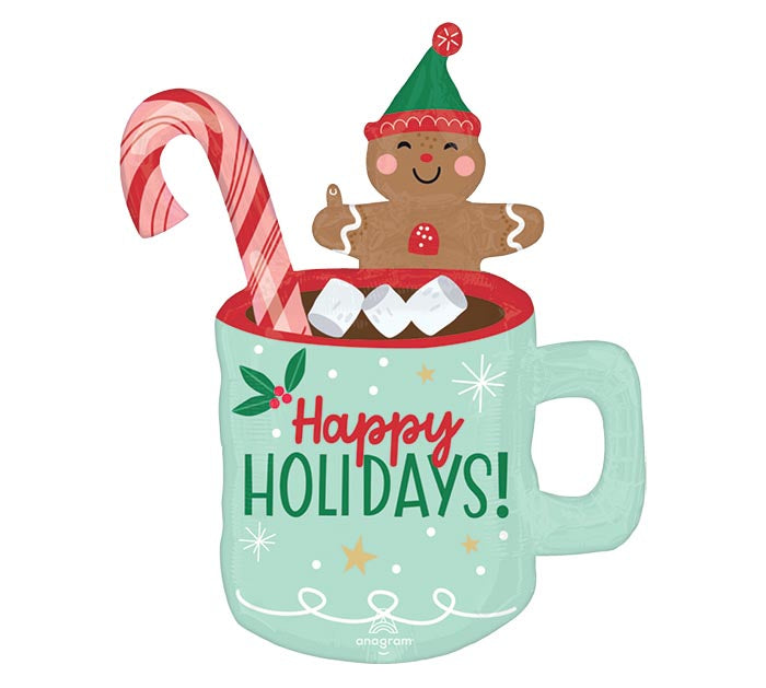 31-inch hot chocolate Happy Holidays supershape foil balloon, fully inflated with helium, ribbon, and a weight for Sandy Springs pickup near Atlanta.