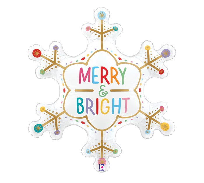 31-inch Merry & Bright holiday snowflake supershape foil balloon, fully inflated with helium, ribbon, and a weight for Sandy Springs pickup near Atlanta.