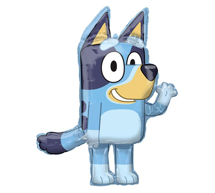 32" Bluey Supershape themed foil balloon, fully inflated with helium, ribbon, and a weight for fast pickup in Sandy Springs near Atlanta.