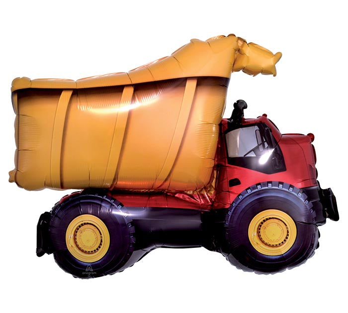 32" Dump Truck themed foil balloon, fully inflated with helium, ribbon, and a weight for fast pickup in Sandy Springs near Atlanta.
