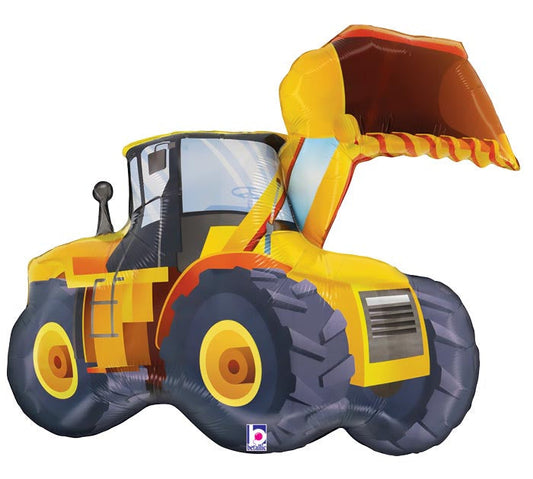 33" Construction Excavator themed foil balloon, fully inflated with helium, ribbon, and a weight for fast pickup in Sandy Springs near Atlanta.