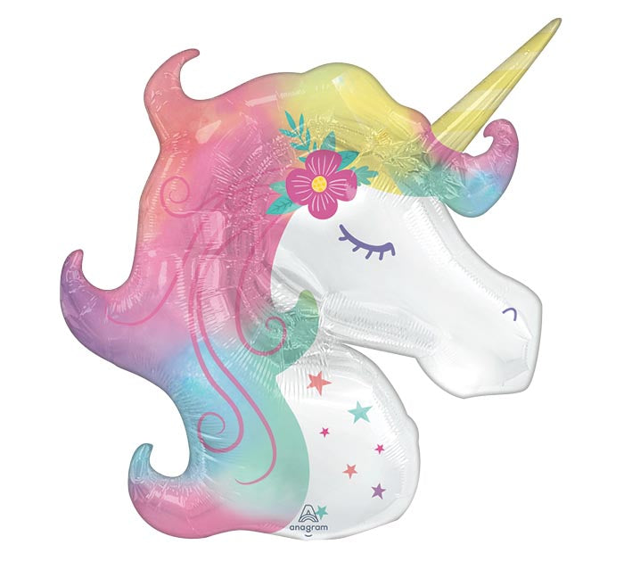 33" Unicorn themed foil balloon, fully inflated with helium, ribbon, and a weight for fast pickup in Sandy Springs near Atlanta.