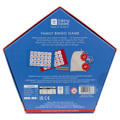 Back of the Family Bingo box showing the cards, pencils and bag