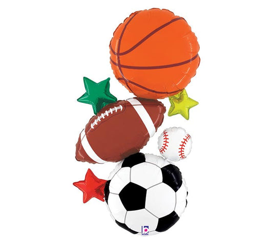 37" Sports (baseball, basketball, football, soccer) themed foil balloon, fully inflated with helium, ribbon, and a weight for fast pickup in Sandy Springs near Atlanta.