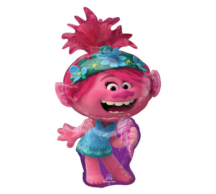 37" Trolls World Tour Poppy themed foil balloon, fully inflated with helium, ribbon, and a weight for fast pickup in Sandy Springs near Atlanta.