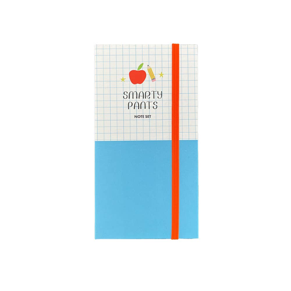 Closed Smarty Pants note set with a grid cover, blue base and orange elastic band