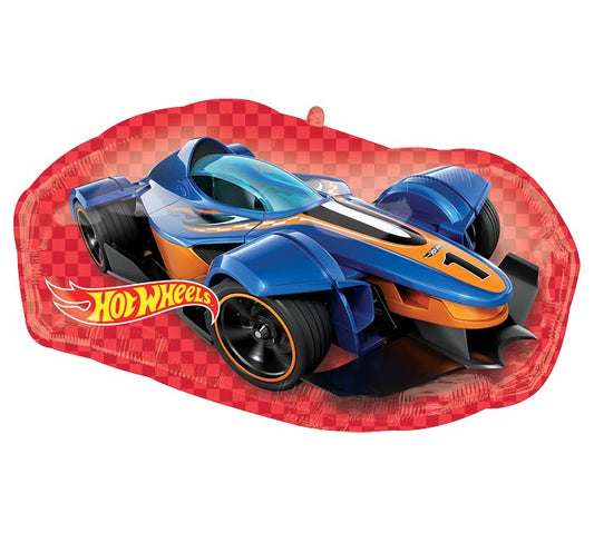 A round balloon with a Hot Wheels racing car design, predominantly blue with orange and black accents, on a red checkered background.