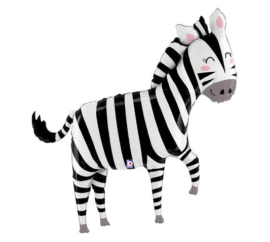 43" Jungle Zebra themed foil balloon, fully inflated with helium, ribbon, and a weight for fast pickup in Sandy Springs near Atlanta.