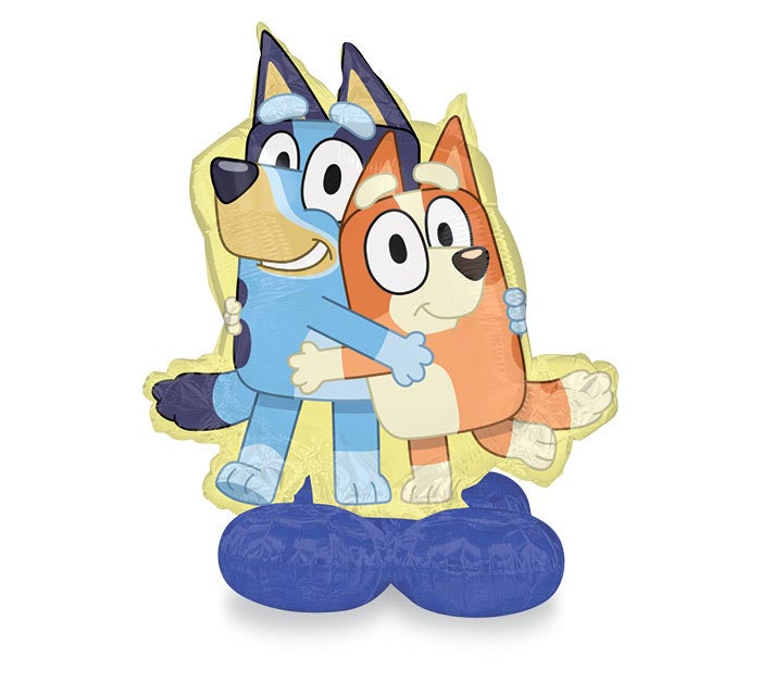 49" Bluey & Bingo Airloonz themed foil balloon, fully inflated with helium, ribbon, and a weight for fast pickup in Sandy Springs near Atlanta.