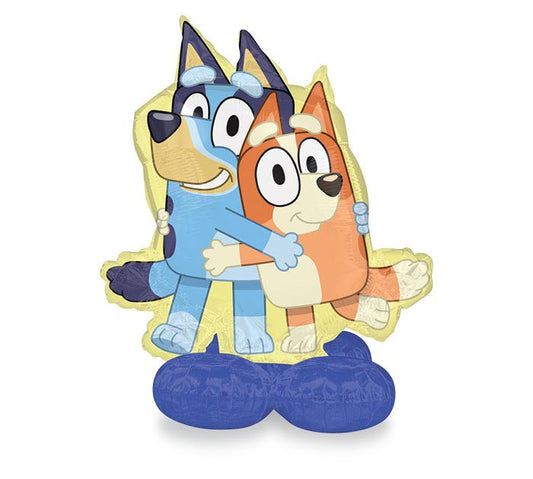 49" Bluey & Bingo Airloonz themed foil balloon, fully inflated with helium, ribbon, and a weight for fast pickup in Sandy Springs near Atlanta.