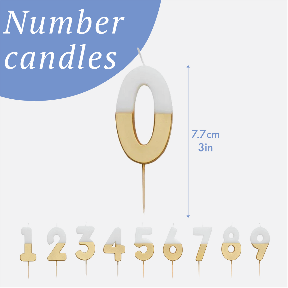 White and gold number zero candle shown 7.7 cm tall above a row of the digits 1 to 9