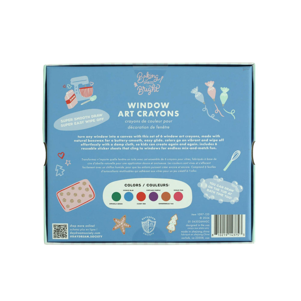 Back of the Baking Spirits Bright box on blue showing baking-themed art and the crayon colors