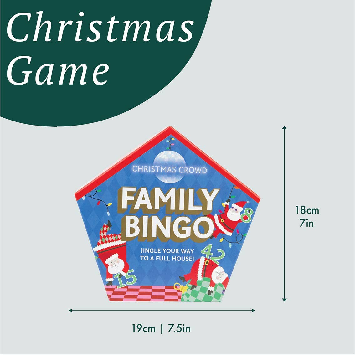 Pentagon-shaped Family Bingo box shown 19 cm by 18 cm