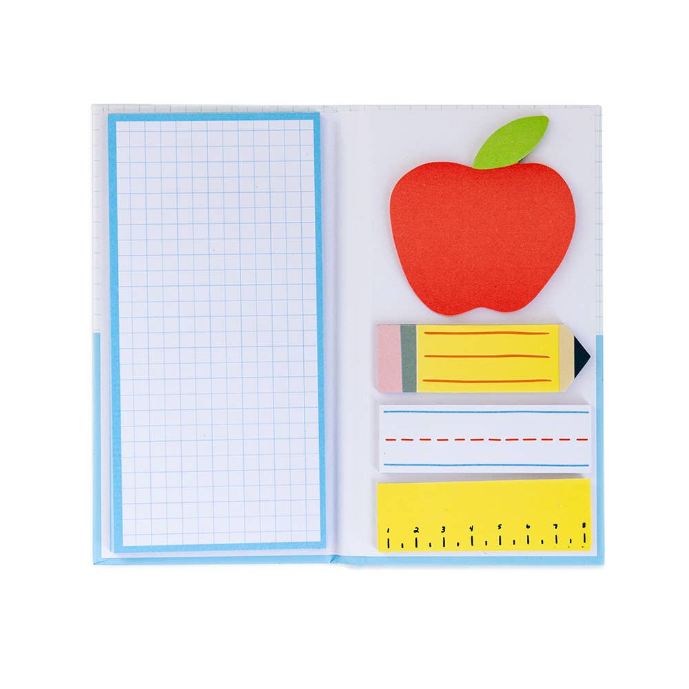 Open note set showing a grid notepad and sticky notes shaped like an apple, a pencil and a ruler