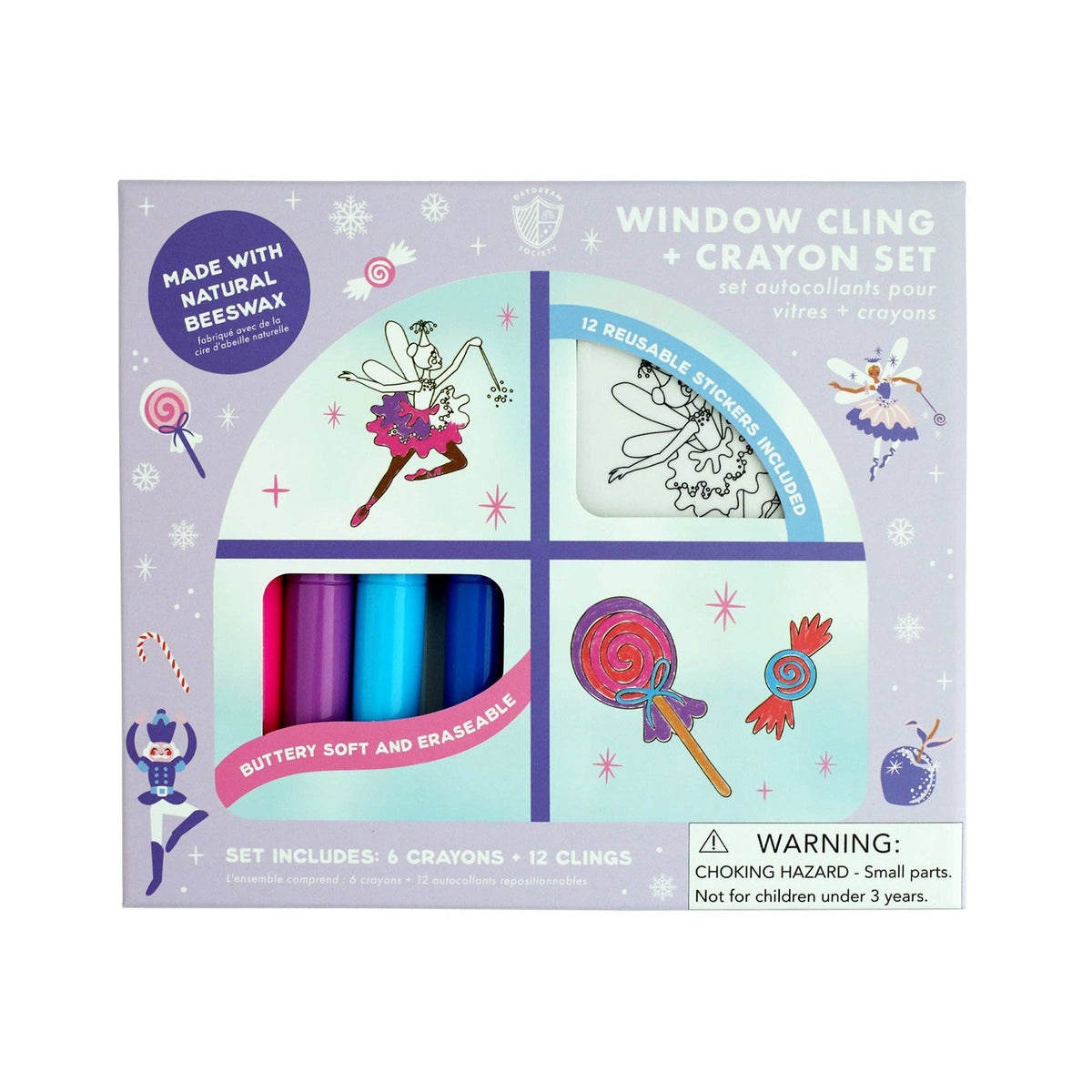 Sugarplum window cling and crayon set box with a fairy cling, candy clings and crayons visible through the window