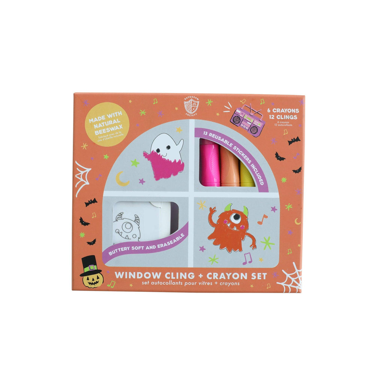 Orange Monster Mash window cling and crayon set box with a ghost, a monster and six crayons in its window