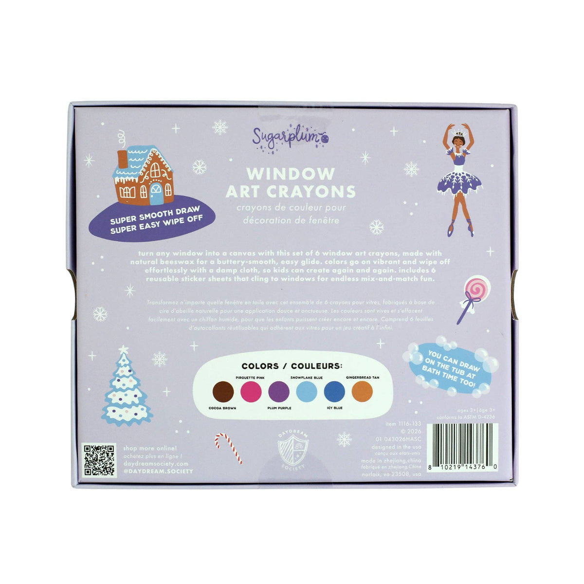 Back of the Sugarplum box showing the gingerbread house, ballerina and window art crayon colors