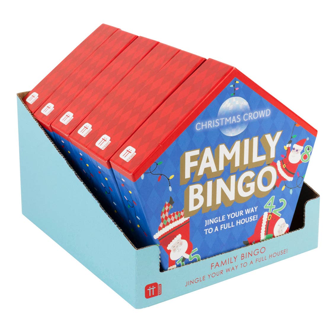 Six Santa Family Bingo boxes in a blue shelf display tray