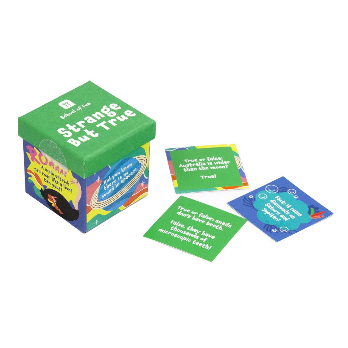 Green Strange But True trivia box beside true or false question cards