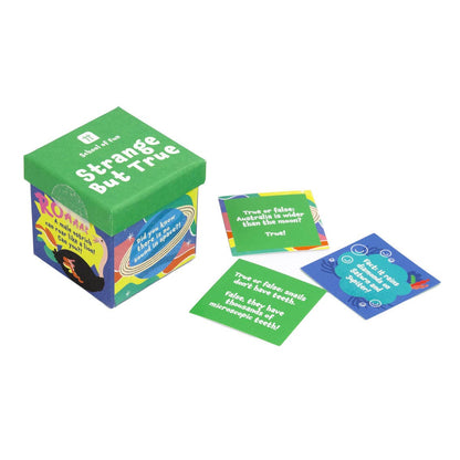 Green Strange But True trivia box beside true or false question cards