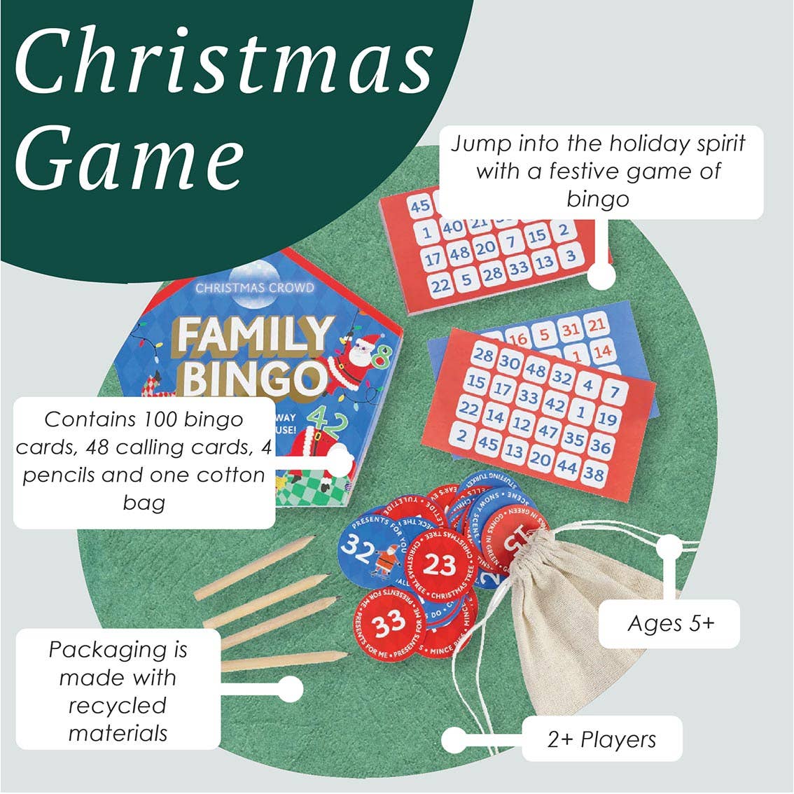 Diagram of the Christmas bingo game contents with ages 5 plus and 2 plus players