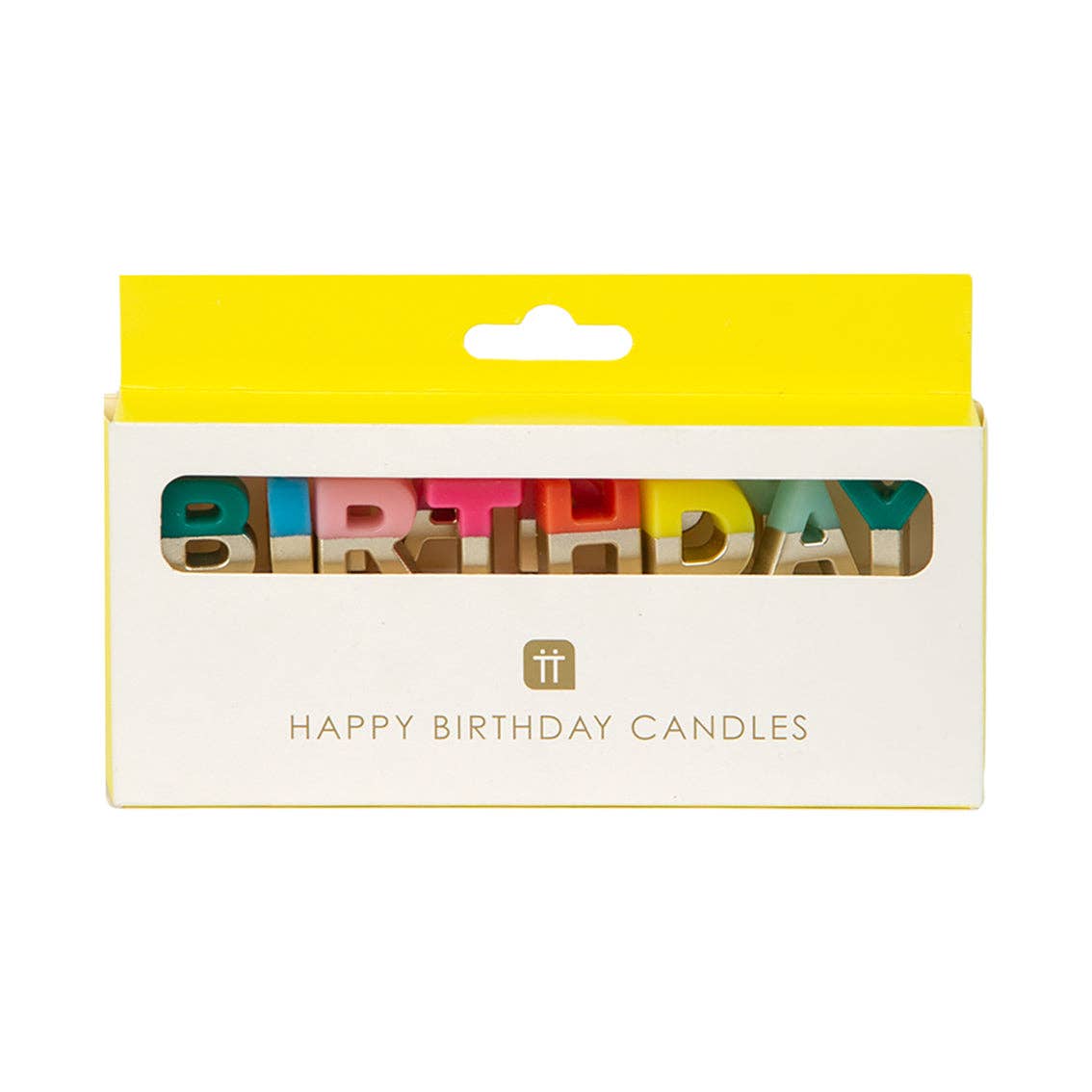 Boxed Happy Birthday letter candles in a clear window pack with a yellow top