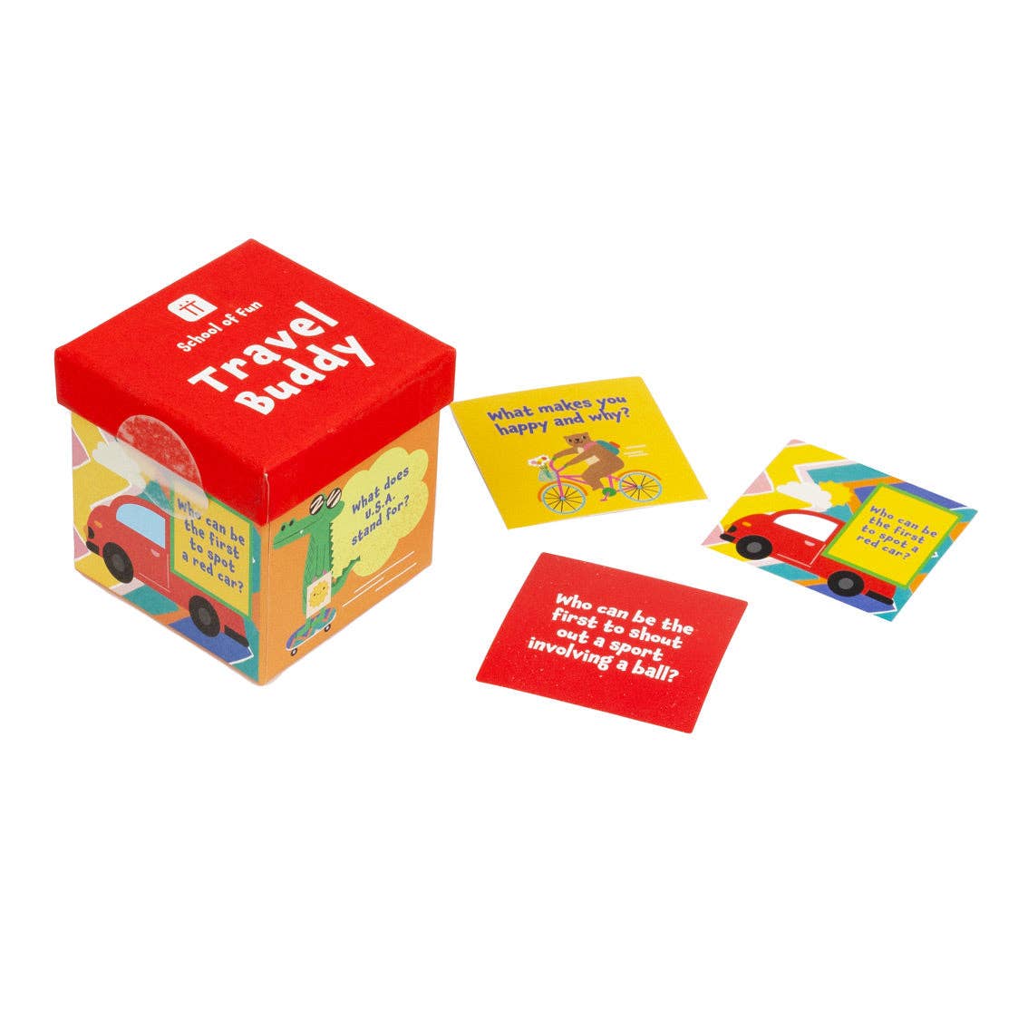 Red Travel Buddy trivia box with a toy car illustration beside question cards