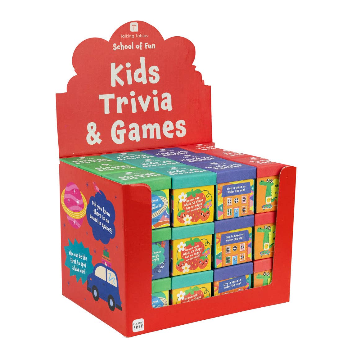 Red Kids Trivia and Games shelf display holding rows of small colorful trivia boxes
